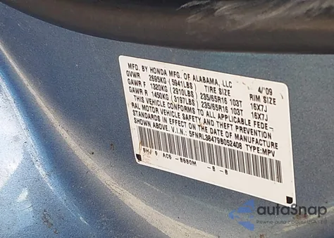 2009 Honda Odyssey Ex z USA, uszkodzony, nr VIN 5FNRL38479B052408